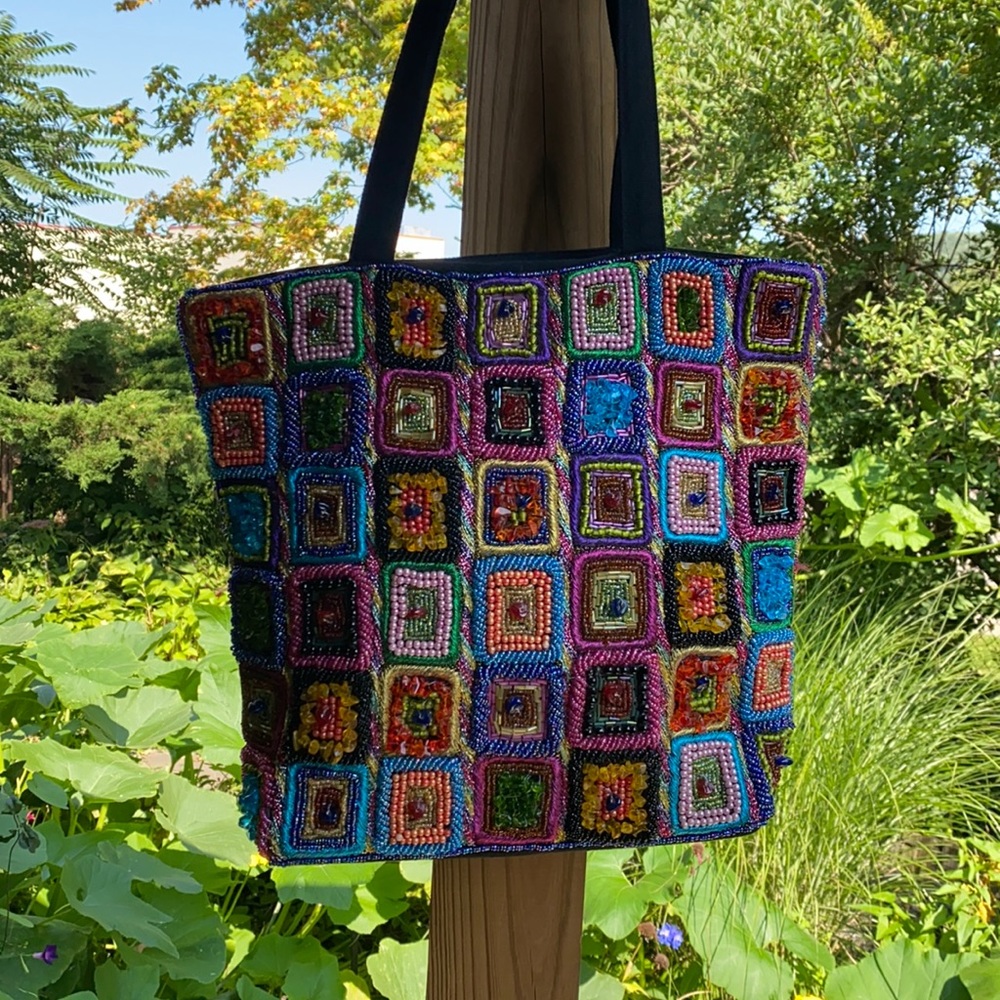 Vintage India glass beaded tote purse